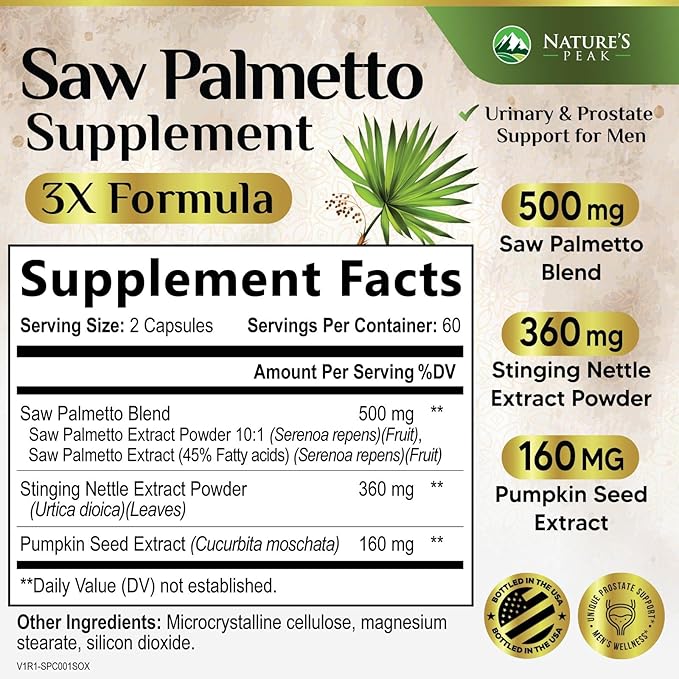 Saw Palmetto Prostate Health Supplements for Men 1000mg - 3X Strength with Pumpkin Seed, DHT Blocker Urinary Health and Prostate Support for Mens Health, Vegan, Non-GMO, Bottled in USA - 120 Capsules