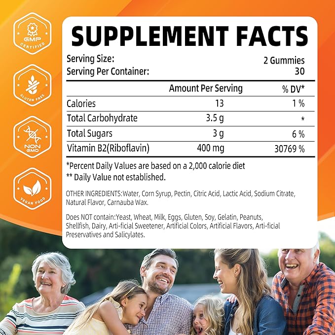 Vitamin B2 Gummies | Riboflavin 400mg | B2 Vitamin 400mg Chewable for Adults and Kids, Migraine Relief & Energy and Nervous System Support, Non GMO, Vegan - 120 Counts