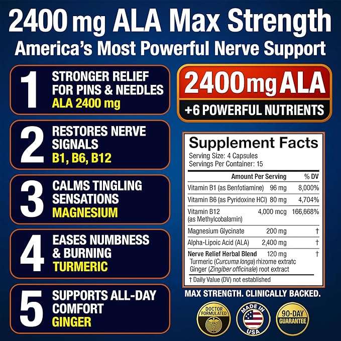 Nerve Relief with 2400 mg Alpha Lipoic Acid – 7 Powerful Nutrients to Support Feet Hands Toes – 2400mg ALA, Vitamins B12 B6 & B1, Magnesium, Turmeric – 60 Capsules