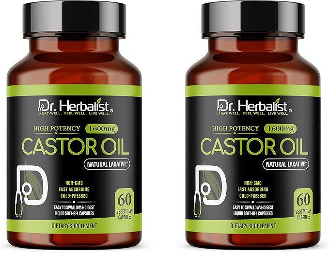 Dr. HERBALIST Castor Oil Capsules 1600mg - Cold Pressed Ricinus Communis Softgels | Supports Digestive Wellness & Hair Skin Vitality* | Halal, Non-GMO, Vegan | 60ct