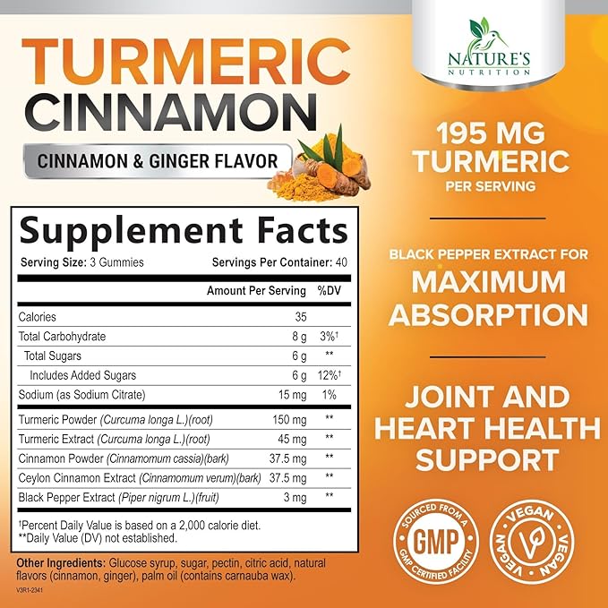 Turmeric Curcumin Supplement Gummies - 95% Curcuminoids with Turmeric Ginger, Black Pepper for Best Absorption, Nature's Vegan Joint Support, Non-GMO, Gluten Free, Tasty Cinnamon Flavor - 120 Gummies