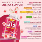 Methyl B12 Gummies 5000 mcg 10000 mcg w/L-Methylfolate, B6, D3 Vitamin C, Lion's Mane Mushroom, L-Theanine, CoQ10, Extra Strength Vitamin B12 Gummies Supplement - Energy, Focus, Brain & Immunity 1Pack