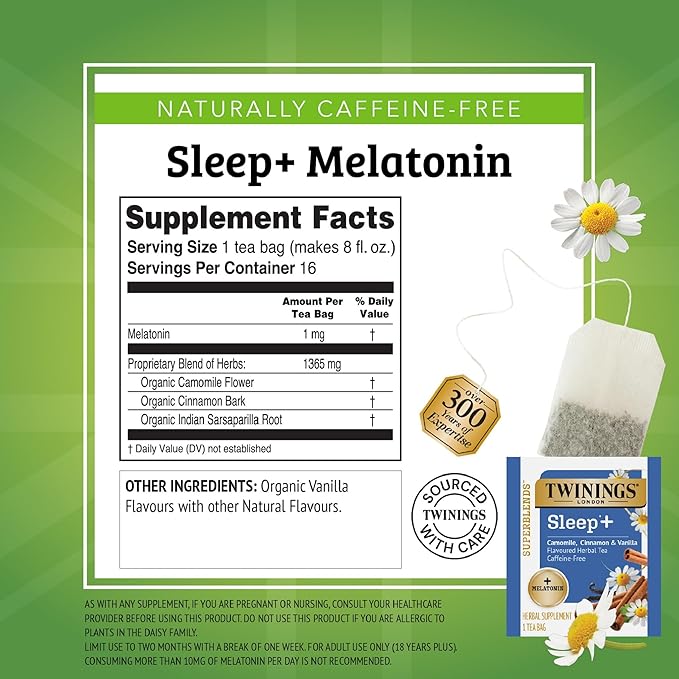 Twinings Superblends Sleep+ Herbal Tea with 1mg Melatonin, Camomile, Cinnamon & Vanilla, Naturally Caffeine-Free, 16 Tea Bags (Pack of 6), 96 Teabags