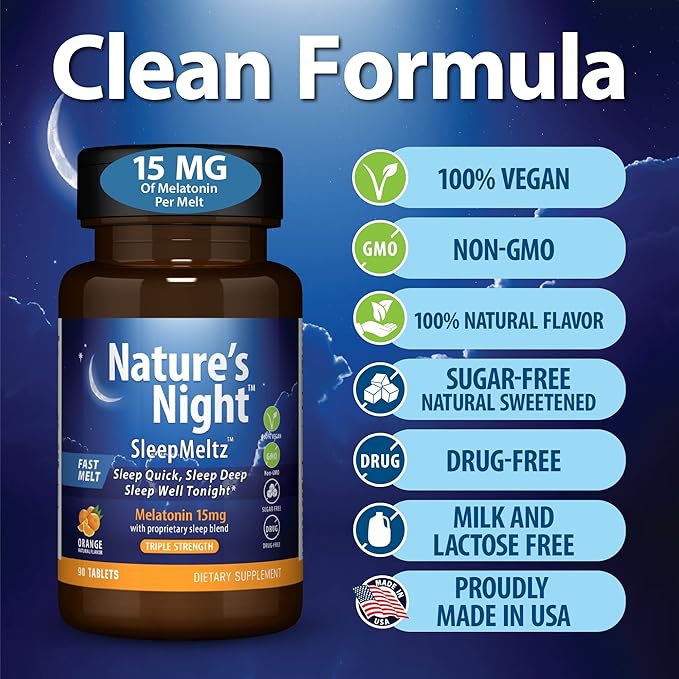 Zero Brands Nature's Night Triple Strength Quick Dissolve Melatonin 15mg with Supportive Blend | Natural Orange Flavor | 90 Count | Sugar Free, Vegan, Non-GMO, Drug Free