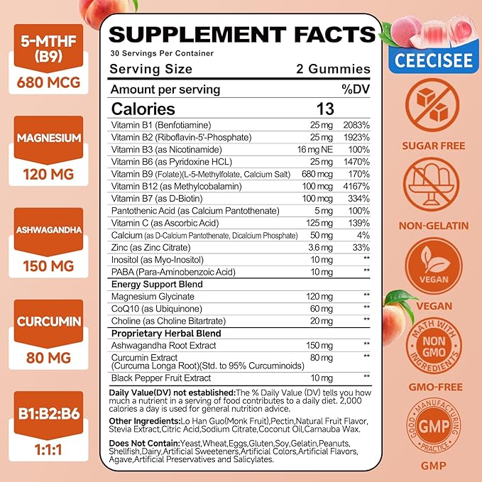 Natural Methylated Vitamins B Gummies: Chewable Supplement Complex with B1 B2 B3 B5 B6 B7 B9 B12 Zinc Magnesium Ashwagandha for Daily Energy Support - for Vegan Work Adults(120Count)
