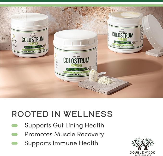 Double Wood Supplements Bovine Colostrum Powder for Women and Men, for Gut Health, Skin & Hair, Immune Support (120 Grams, 60 Day Supply - Standardized to 30% Total Immunoglobulins and 60% Protein)