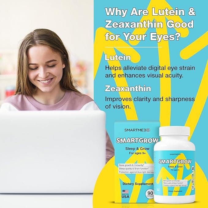 SmartGrow Premium Growth Formula for Teens – Bone, Brain, Sleep & Eye Support – Calcium, Vitamin D3, Amino Acids – Daily Wellness Supplement (180 Capsules) – 3 Month Supply