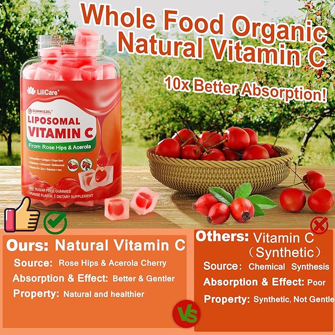 Natural Liposomal Vitamin C 1000mg Gummies for Adults Kids 9+, Chewable Vitamin C w/ 11mg Zinc, D3, Elderberry, Echinacea, Bioflavonoid,Immune Support, Whole Food VIT C from Fruits, Sugar Free, 2Pack