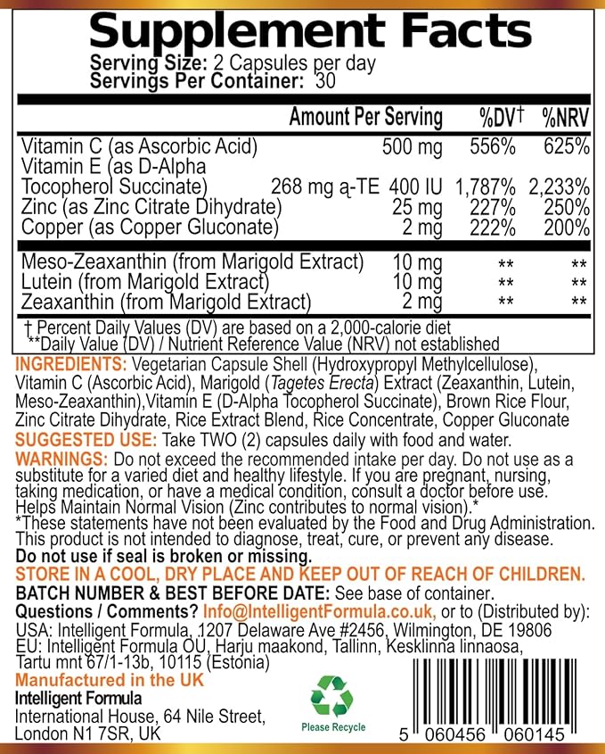 Vision Defender Plus Eye Supplement: AREDS2 Formula Vitamins, Minerals (Lutein, Zinc) Enhanced with Meso-Zeaxanthin for Complete Eyes/Eyesight Health Care & Support. 60 Easy-to-Swallow Vegan Capsules
