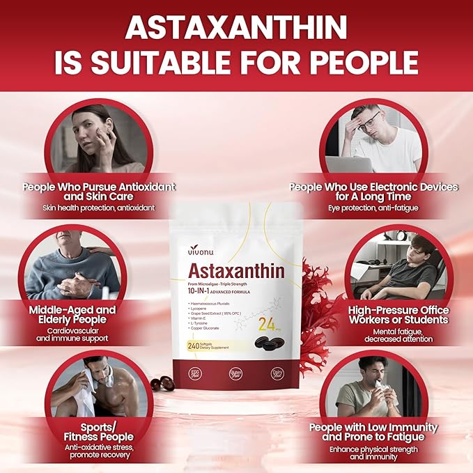 VivoNu Astaxanthin 24mg – Powerful Antioxidant Support for Skin, Eyes & Immune System – 10-in-1 Formula with Lycopene, Grape Seed, Vitamin E & Zinc – Triple Strength, 240 Softgels