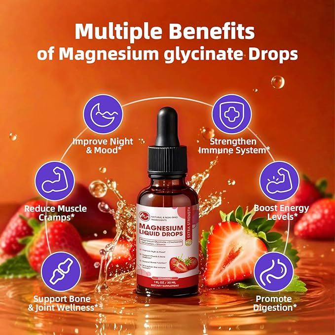M inch Magnesium Glycinate Liquid, High Absorption Magnesium Liquid Drops with Chamomile, Hawthorn, Ginger Extract & Vitamin B6, B9, B12, C, D3, Magnesium Supplement, Strawberry Flavor, 2 Pack