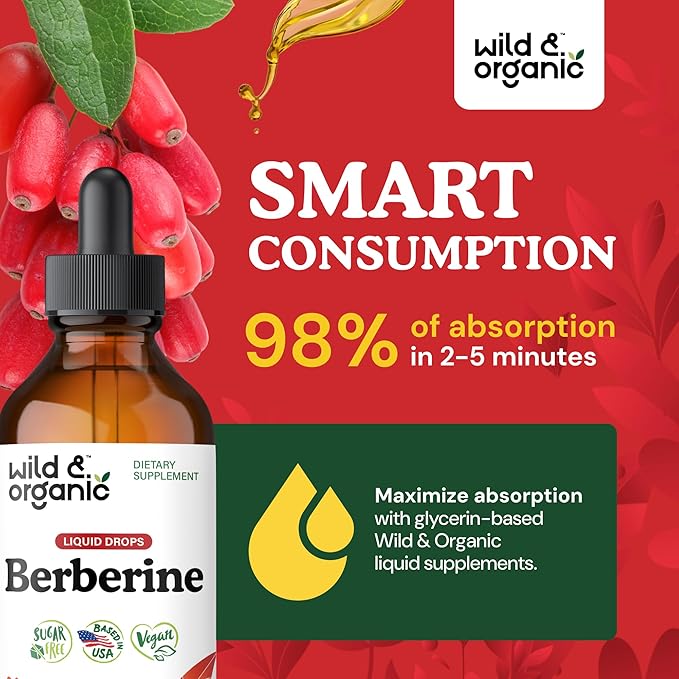 Wild & Organic Berberine Drops - Antioxidant Support - Liquid Berberine HCL 500mg - Add to Tea Supplement - Berberis Aristata Bark Extract - Pure, Vegan, Alcohol & Sugar-Free Tincture - 4 fl oz