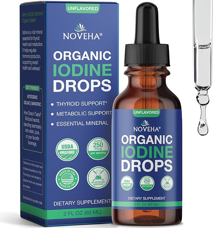NOVEHA Organic Iodine Drops for Thyroid Health & Metabolism Support - Potassium Iodide Liquid Supplement, 250 mcg per Serving, USDA Organic, Vegan, Non-GMO, Gluten-Free | 30-Month Supply - 2 Fl Oz