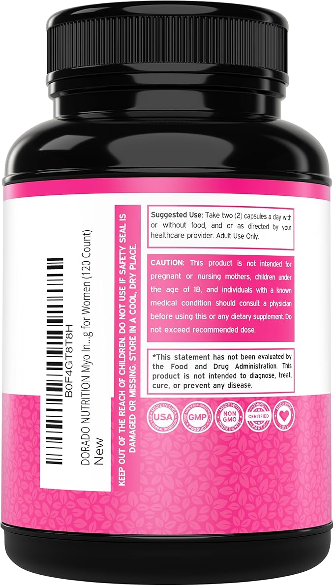 Inositol Capsules (Myo Inositol) (1000mg Per Serving 120 Capsules) Myo Inositol Supplement for Women Hormone Balance Support - Vegan Safe - Third Party Tested - Gluten Free & Made in USA (120 Count)