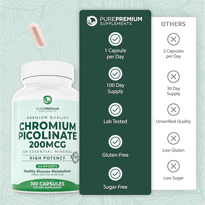 PurePremium Chromium Picolinate 200mcg - High Potency Chromium Supplements - Essential Mineral Health Support for Men/Women - Gluten-Free - 3 Months Supply - 100 Capsules