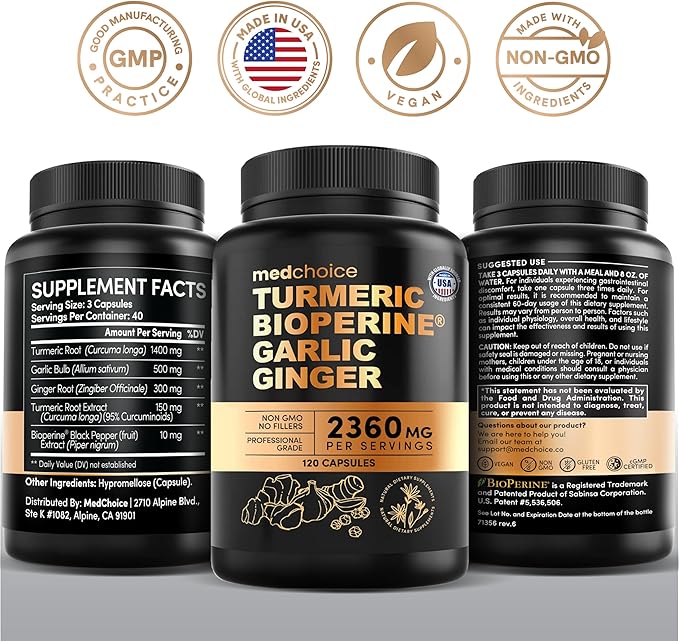 4-in-1 Turmeric Joint Support Supplements with Garlic and BioPerine - 2360 mg High Potency Herbal Blend for Mobility, Everyday Flexibility, Digestive Comfort, Active Aging Support (120ct, Pack of 3)