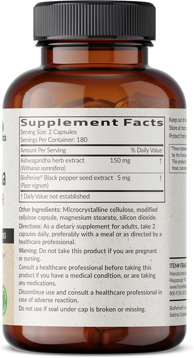 Futurebiotics Ashwagandha Extra Strength Stress & Mood Support with BioPerine - Non GMO Formula, 360 Vegetarian Capsules
