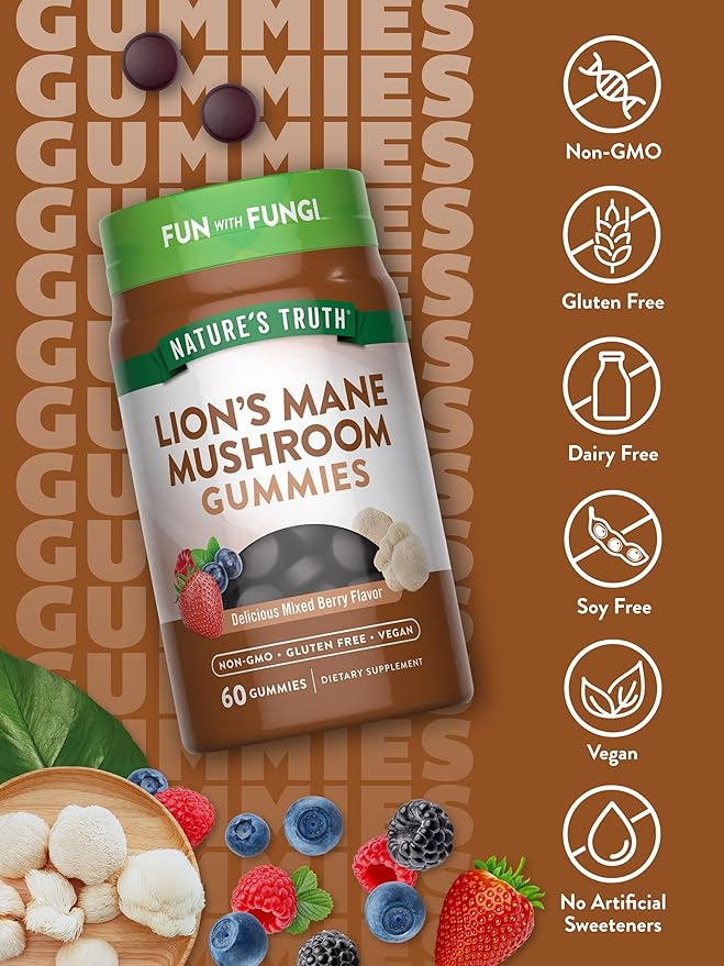 Nature's Truth Lion's Mane Gummies for Adults | 60 Count | Mixed Berry Flavor | Vegan, Non-GMO, & Gluten Free Supplement