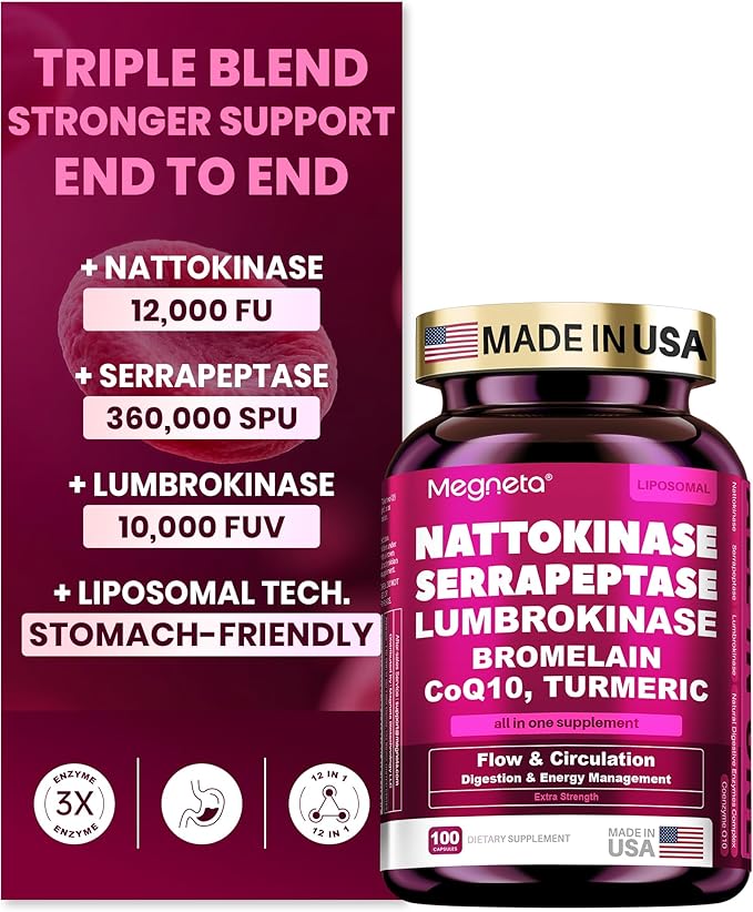 Nattokinase Supplement 12,000 FU (Max Strength) Serrapeptase 360,000 sPU, Lumbrokinase 10,000 FUV & CoQ10 -Systemic Enzymes Complex for Cardiovascular & Circulatory Health Support-100 Capsule