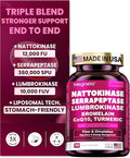 Nattokinase Supplement 12,000 FU (Max Strength) Serrapeptase 360,000 sPU, Lumbrokinase 10,000 FUV & CoQ10 -Systemic Enzymes Complex for Cardiovascular & Circulatory Health Support-100 Capsule