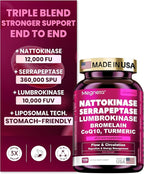 Nattokinase Supplement 12,000 FU (Max Strength) Serrapeptase 360,000 sPU, Lumbrokinase 10,000 FUV & CoQ10 -Systemic Enzymes Complex for Cardiovascular & Circulatory Health Support-100 Capsule