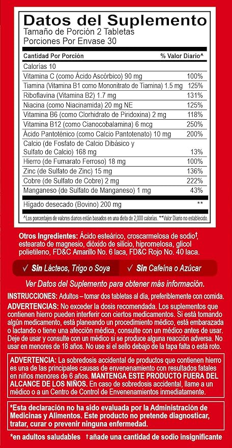Globulo Rojo Iron Supplement - Dietary Supplement Pills with High Potency Iron & B Vitamins, 60 Tablets - 6 Pack