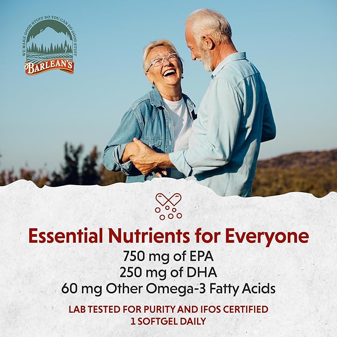 Barlean's Ideal Omega 3 Nutritional Supplement Softgels with 1,000mg EPA/DHA for Heart, Mind, and Mood - Certified Sustainable Seafood, Pharmaceutical Grade - 30-Count
