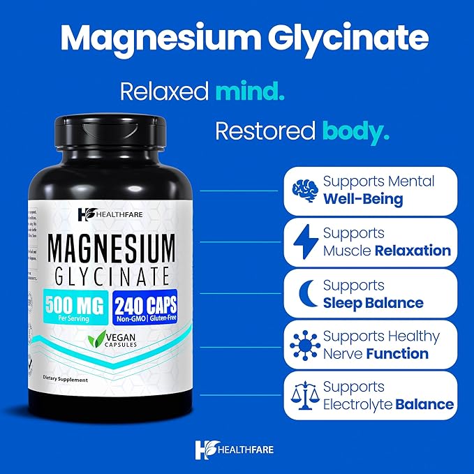 HealthFare Magnesium Glycinate 500mg | 240 Veg Capsules | High-Absorption Chelated Magnesium | Gluten-Free | Non-GMO | Made in the USA