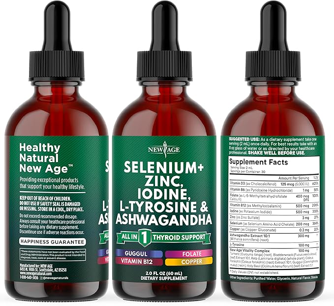 Thyroid Support Drops - Selenium, Zinc, Iodine, L Tyrosine, Ashwagandha, Turmeric, Schisandra Guggu, Cayenne, Basil - Liquid Supplement Folate Copper Alcohol -Free, Vegan, Non-GMO – 8 oz