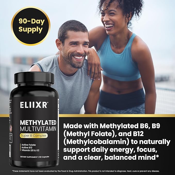 Eliixr Methylated Multivitamin, 3 Month Supply, 90 Capsules,1500 mcg of Active Folate, Methylated B12, Vitamin A, C, K2, D3, E, Choline, Biotin, ALA, CoQ10, B-Complex and More. Made in The USA