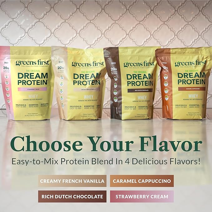 Greens First Dream Protein Powder Whey - 20g Protein per Serving - Hormone-Free with Prebiotics - Non-GMO - No Artificial Sweeteners/MSG/Aspartame - Strawberry Cream - 27.96 oz