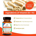 Life Infused Vitamin D3 + K2 Supplement with Zinc & Enzymes — 3000 IU D3, MK-7 K2, Immune & Bone Support, Enhanced Absorption, Non-GMO Vegan Capsules, 90 Count