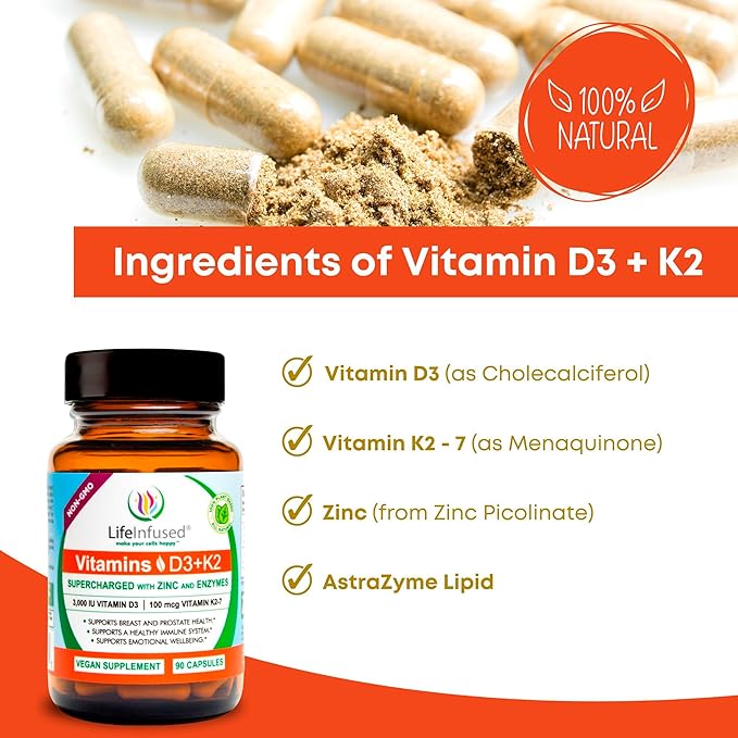 Life Infused Vitamin D3 + K2 Supplement with Zinc & Enzymes — 3000 IU D3, MK-7 K2, Immune & Bone Support, Enhanced Absorption, Non-GMO Vegan Capsules, 90 Count
