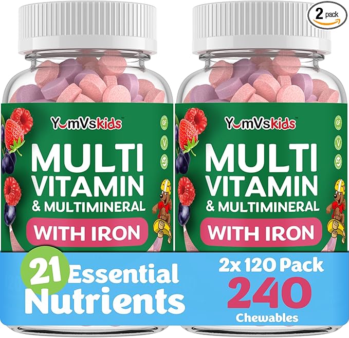 YUM-V'S Kids Multivitamin with Iron - Kids Chewable Multivitamin - Vitamins + Iron Supplement - Toddler Vitamins for 2 Year Old+, Kosher, Halal, Gluten Free 120 (Pack of 2