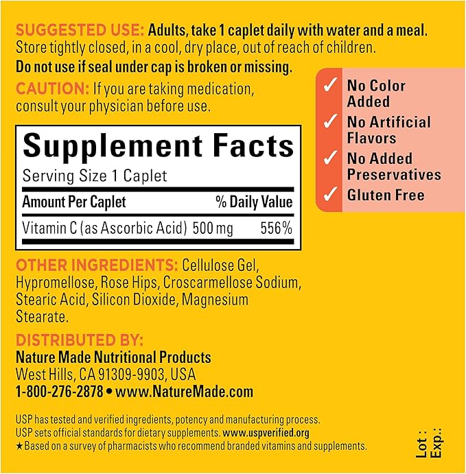 Nature Made Vitamin C 500mg with Rose Hips, Dietary Vitamin C Supplement for Immune Support, 130 Caplets, 130-Day Supply