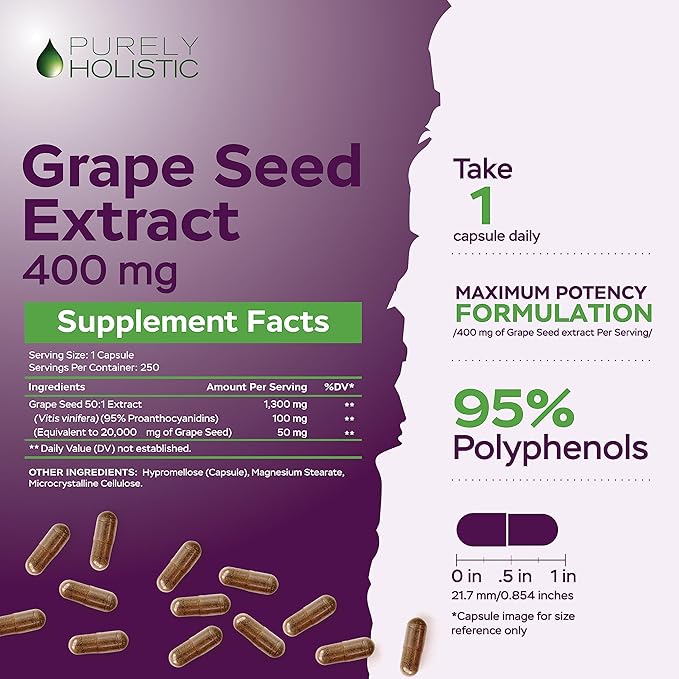 Purely Holistic Grape Seed Extract - 250 Vegan Capsules - 8+ Month Supply - Standardized to 95% Polyphenols - Maximum Strength Grapeseed - Non-GMO & Pesticide Free