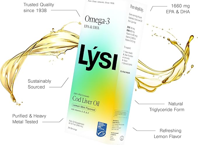 LYSI Icelandic Cod Liver Oil Liquid Supplement – 1,100 mg Omega-3 per Teaspoon – EPA 740 mg & DHA 920 mg per 2 TSP – with Vitamins A, D & E – Mint Flavor – 8.12 fl oz (24 Servings)