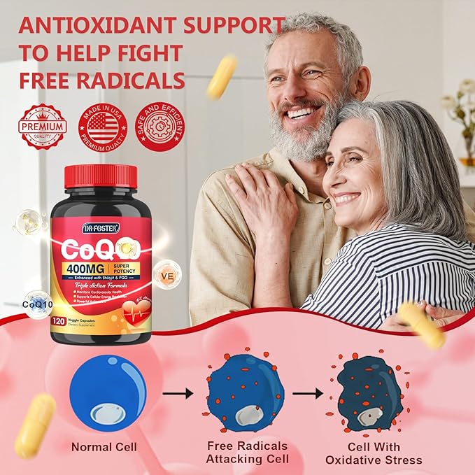 DRFOSTER CoQ10 400mg-High Absorption Coenzyme Q10 Supplements with PQQ, Shilajit & Vitamin E, Powerful Antioxidant for Heart & Brain Health and Energy-Production 120 Veggie Capsules