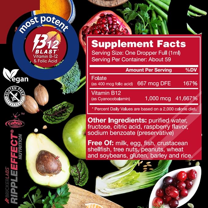 Bricker Labs B-12 Blast Liquid Vitamin B12 and Folic Acid Supplement, Support Energy Production, Great Tasting Liquid Vitamin B12 Dietary Supplement in Natural Raspberry Flavor, 2 fl oz Bottle