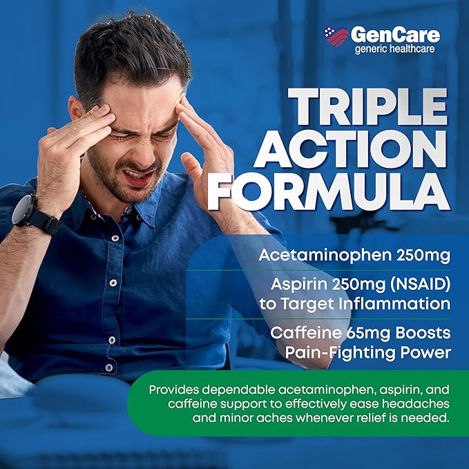 GenCare - Headache Relief Acetaminophen with Aspirin (NSAID) & Caffeine (300 Caplets) Value Pack | Head Pain, Muscle Aches, Back Pain & Body | Generic ExcedrEn Extra Strength