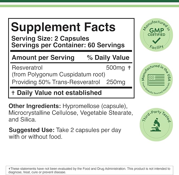 Resveratrol Supplement 500mg Per Serving, 120 Capsules (Resveratrol Polygonum Root Extract Providing 50% Trans Resveratrol) Healthy Aging Support by Double Wood (Pack of 2)
