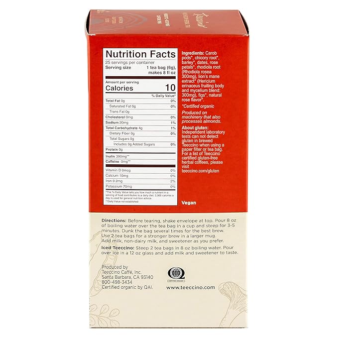 Teeccino Lion’s Mane Rhodiola Tea - Rose - 25 TeaBags Caffeine-Free Mushroom Adaptogenic Herbal Tea, 3x More Herbs than Regular Tea Bags, Lightly Sweet from Dates & Figs, Chicory Prebiotic - (Pack of 3)