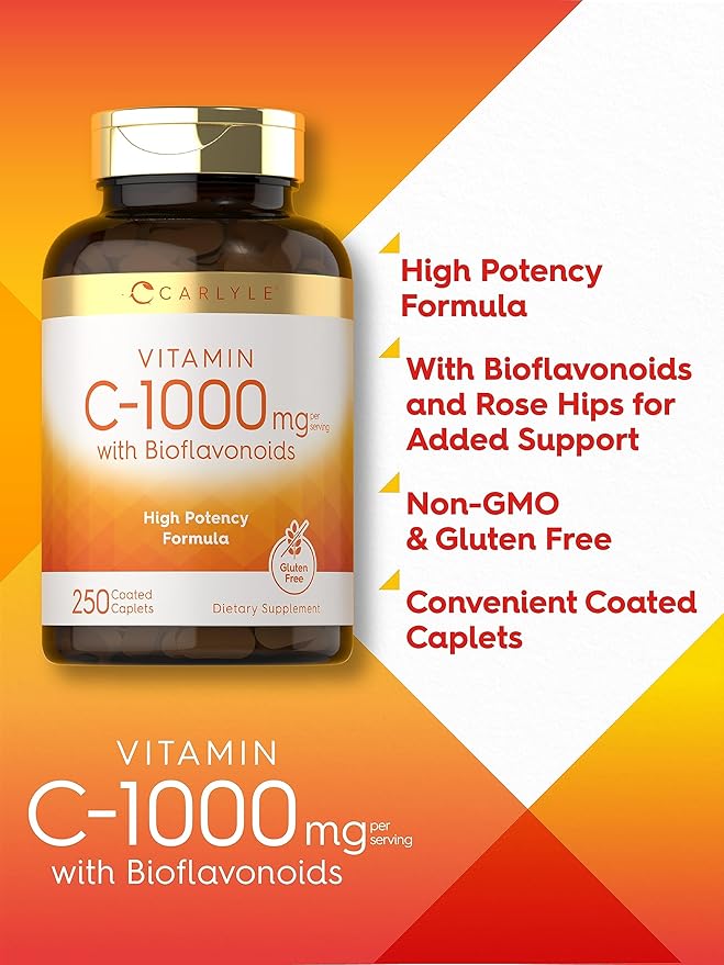 Carlyle Vitamin C 1000mg | with Rose Hips and Citrus Bioflavonoids | 250 Caplets | Vegetarian, Non-GMO, Gluten Free Supplement