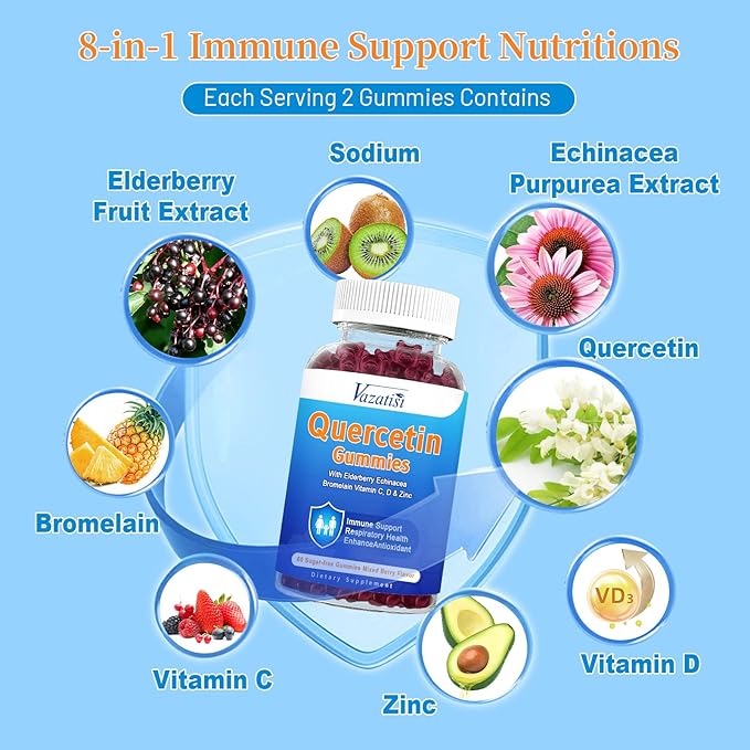 Quercetin with Bromelain Gummies, Quercetin with Vitamin C Zinc & Elderberry for Immune System & Allergy, Chewable & Vegan Gummies, 60 Cts
