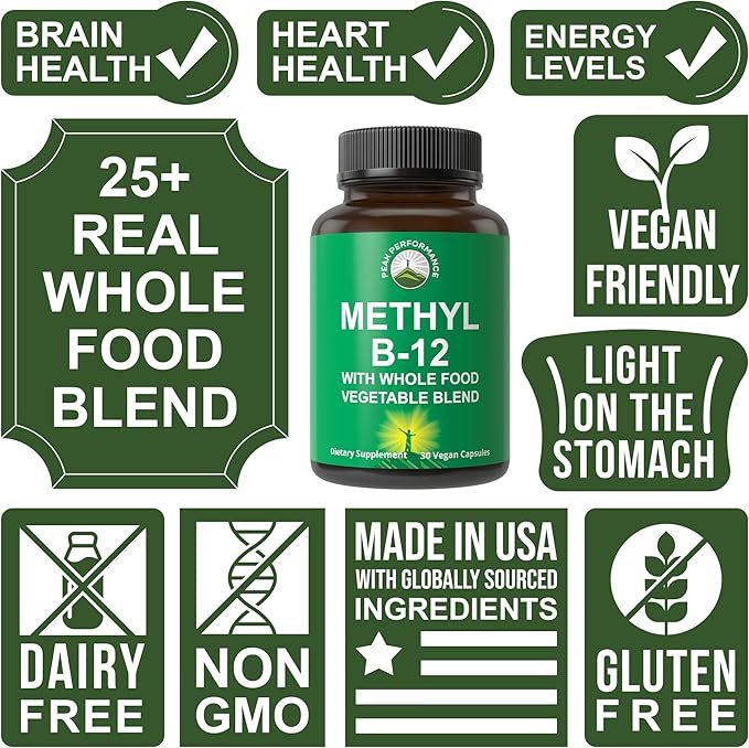 Methyl B12 Vitamin + Whole Food Blend of 25 Vegetables and Fruits for Max Absorption. Vegan Vitamin B12 Methylcobalamin - Methyl B-12 Supplement for Energy, Focus and Relief. 30 Day Supply Capsules