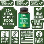 Methyl B12 Vitamin + Whole Food Blend of 25 Vegetables and Fruits for Max Absorption. Vegan Vitamin B12 Methylcobalamin - Methyl B-12 Supplement for Energy, Focus and Relief. 30 Day Supply Capsules