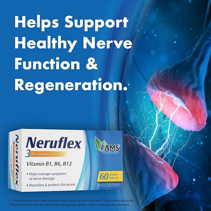 America Medic & Science NeruFlex 60ct – Nerve Support Supplement with Essential B-Vitamins – Supports Nervous System Health & Energy Production – 60 Tablets