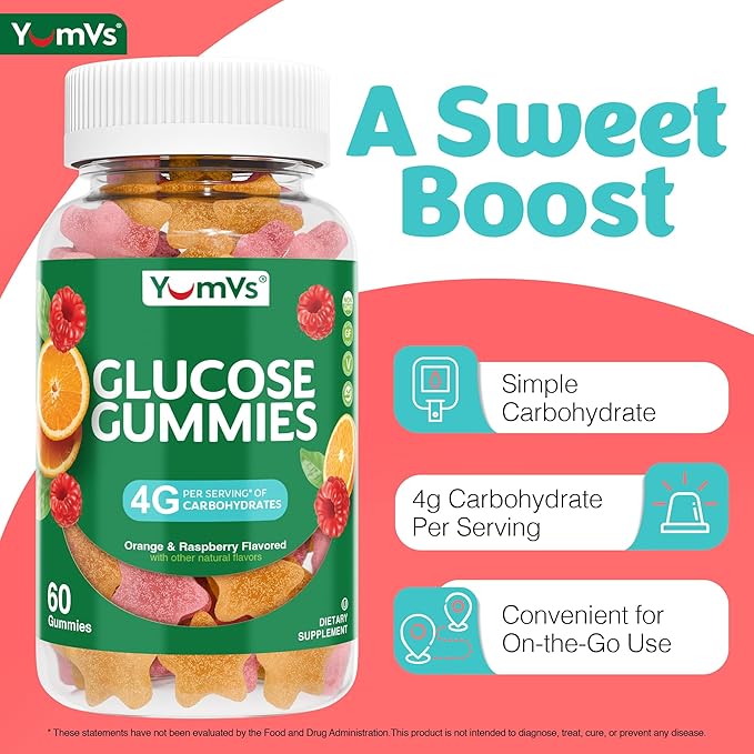 YUM-V'S Glucose Gummies – Fast Acting Glucose Gummy – Great Tasting – Gluten Free, Vegan, Non-GMO – Orange & Berry Natural Flavor – 60 Chewable Gummies for Adults & Kids