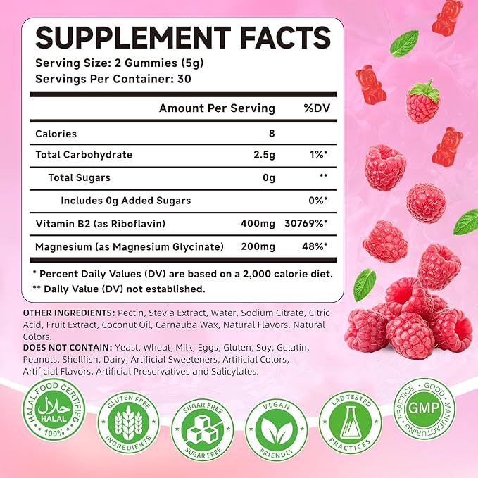 Vitamin B2 Gummies 400mg – Riboflavin Supplement with Magnesium for Kids & Adults | Supports Nervous System & Energy Production | Sugar Free, Vegan, Non-GMO, Raspberry Flavor - 60 Count