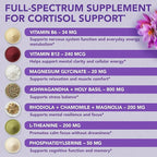 Cortisol Supplements for Women & Men - Vegan, Non-GMO, Made in USA Cortisol Reducer, Manager with Magnesium Ashwagandha L Theanine, Vitamin B Complex for Sleep Support - 60 Capsules